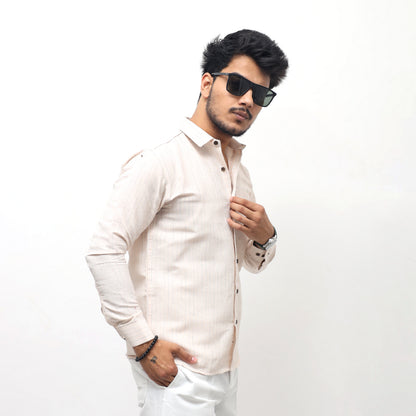 men wearing yellow khadi cotton shirt loom stripe full sleeves side profile