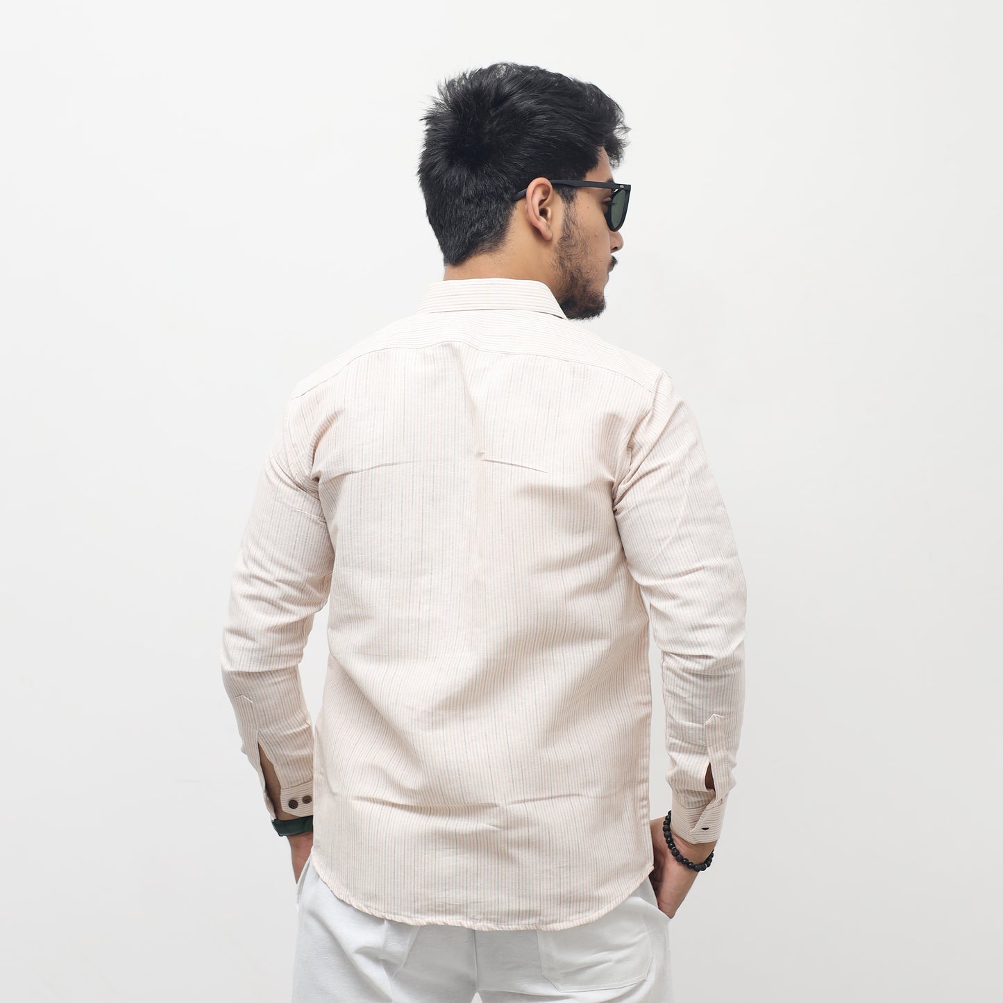 back view yellow khadi cotton shirt for men loom stripe full sleeves