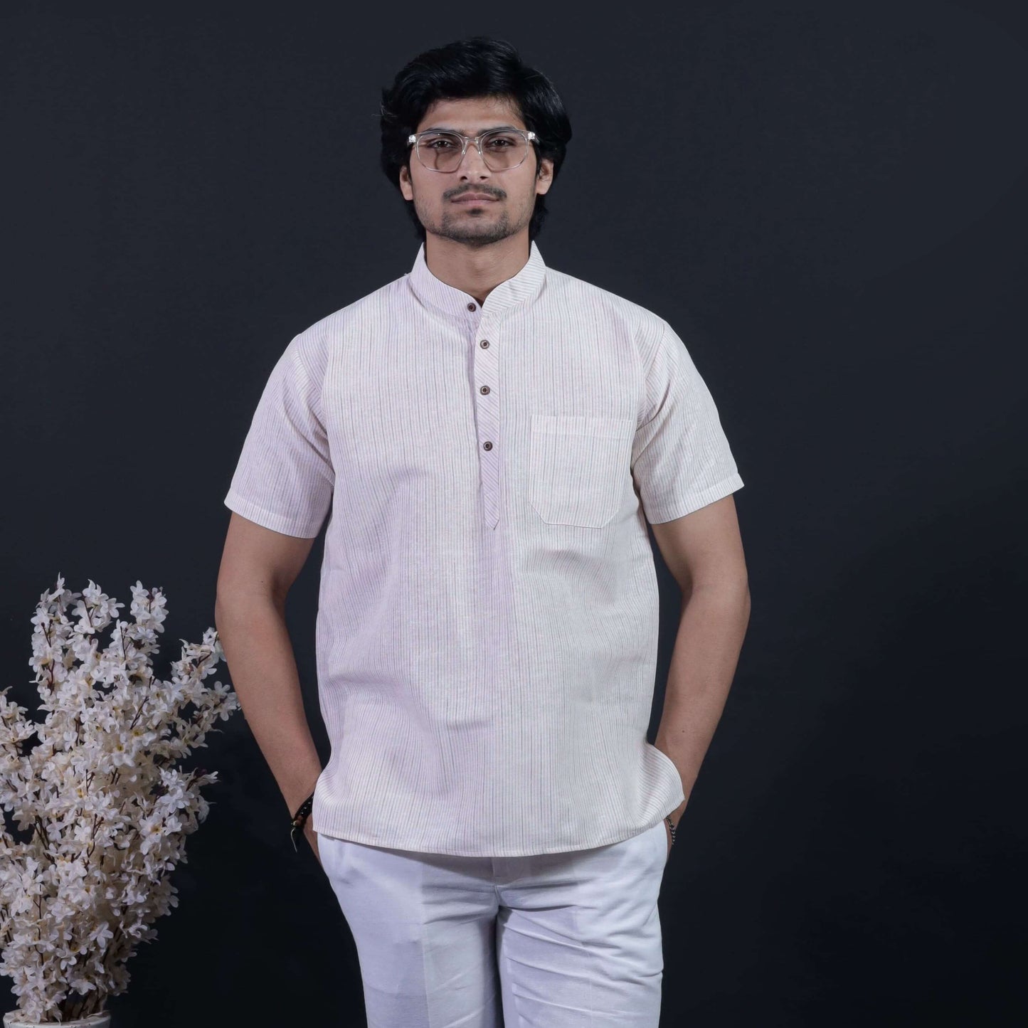 Beige Color Loomstripe Half Sleeves Kurta Pant Combo Set | Kargham