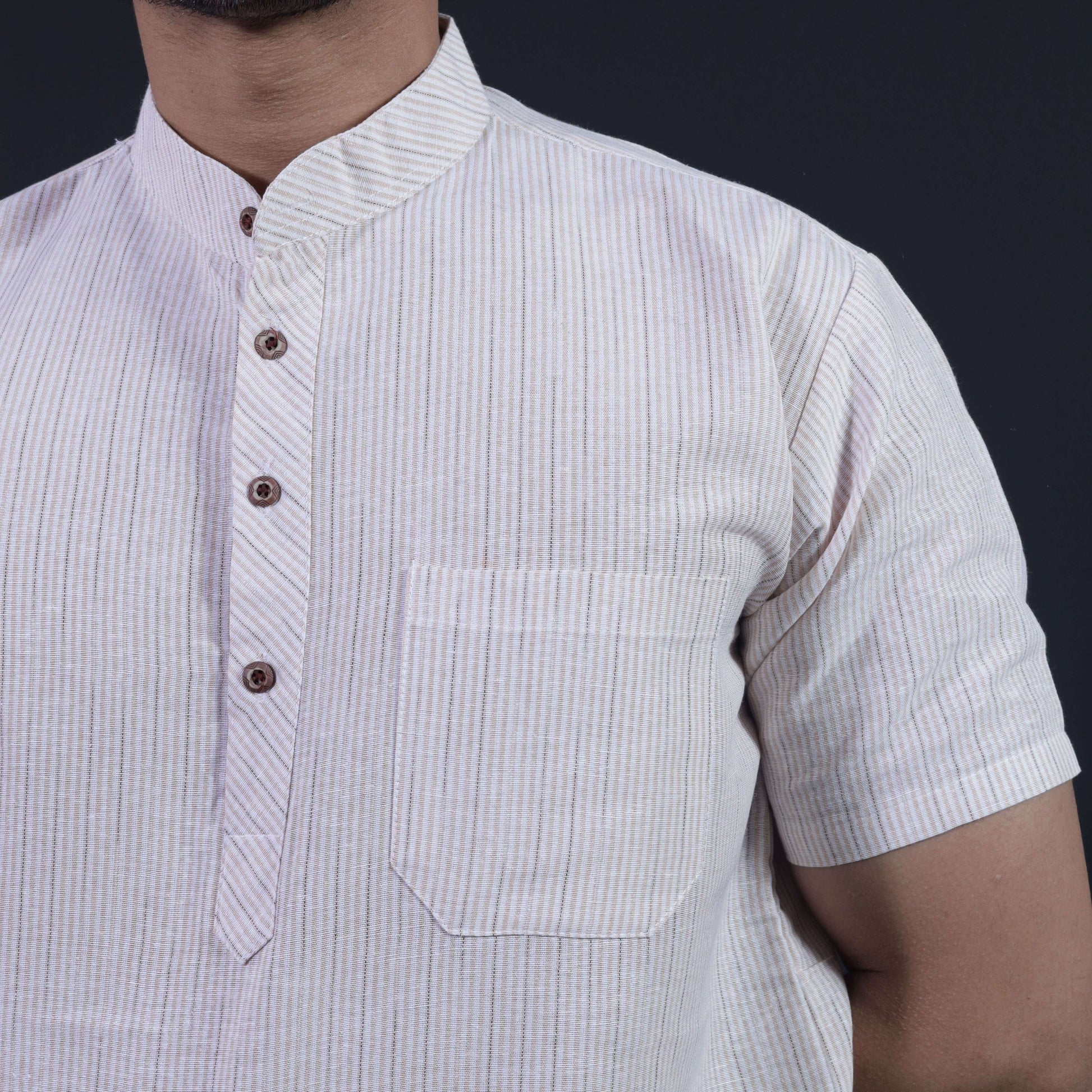 Close-Up of Beige Loomstripe Khadi Cotton Kurta with Woven Stripe Texture