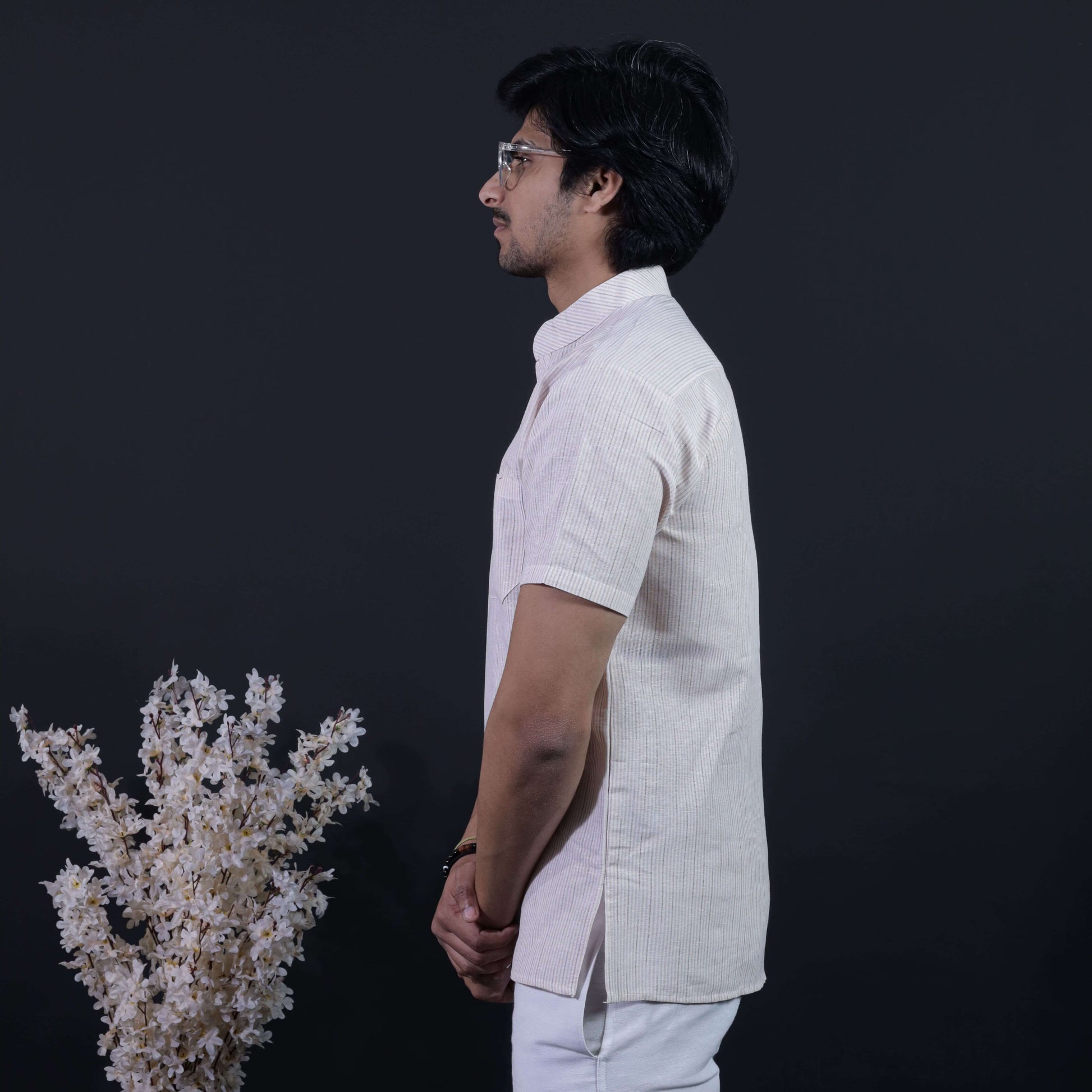 Side View of Beige Color Short Kurta with Half Sleeves for Men