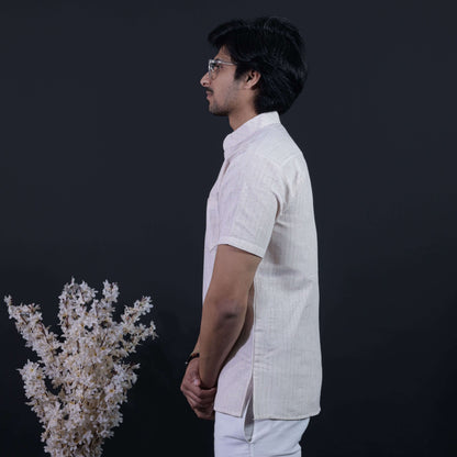 Side View of Beige Color Short Kurta with Half Sleeves for Men