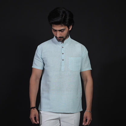 Blue Color Loomstripe half sleeves khadi cotton short kurta for men front view