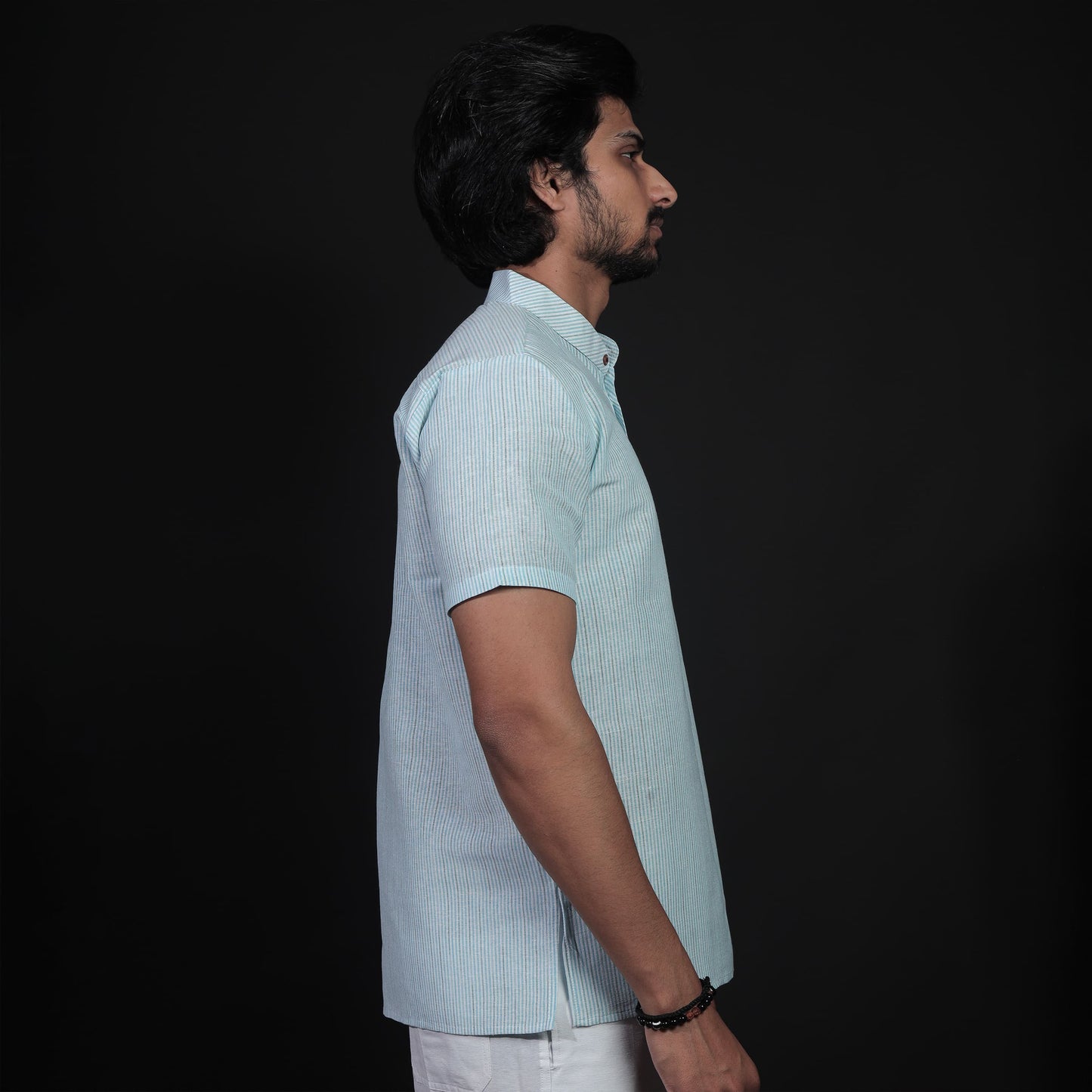Side profile of Blue Loomstripe short kurta for men