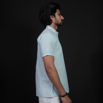 Side profile of Blue Loomstripe short kurta for men