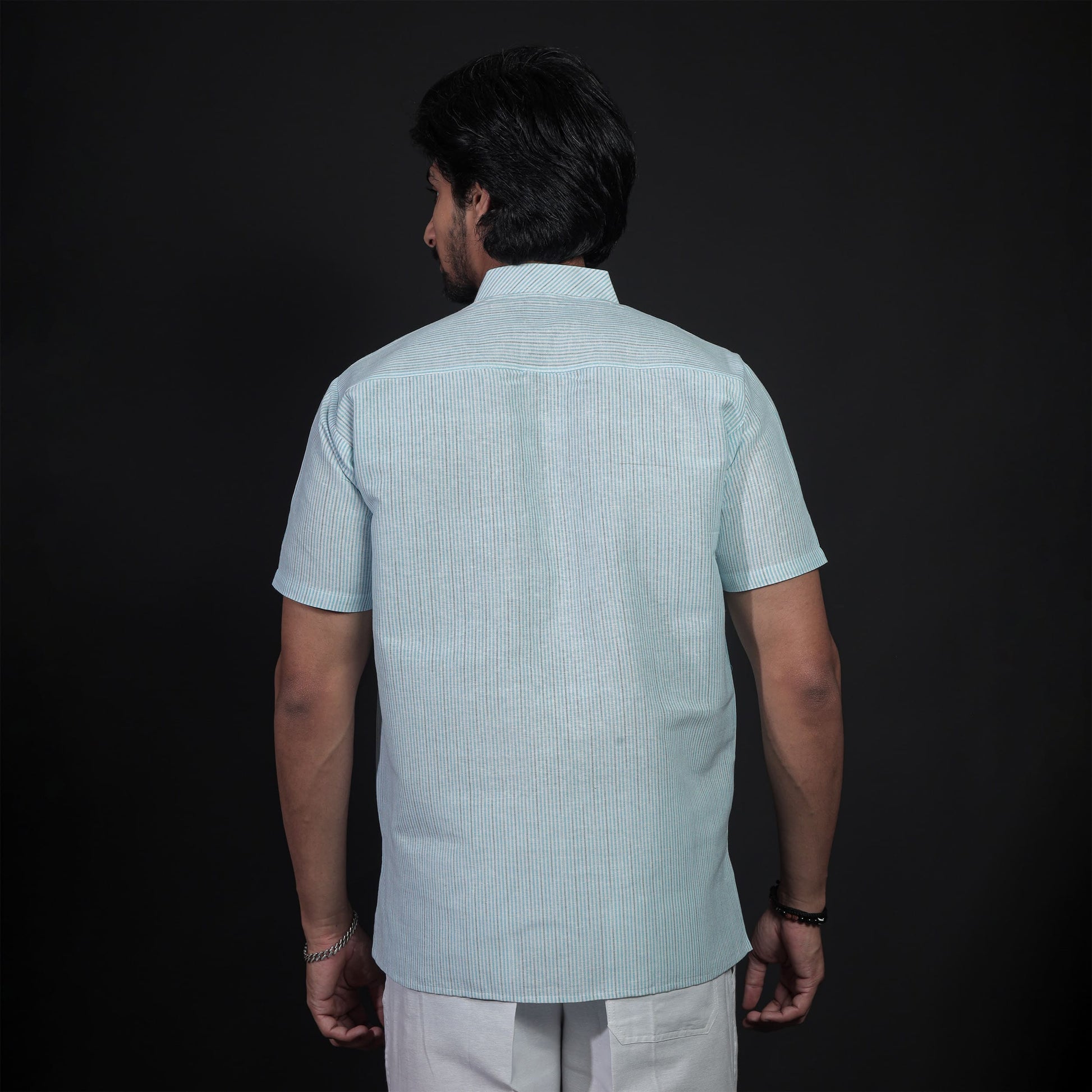Back view of Blue Loomstripe kurta pant combo set