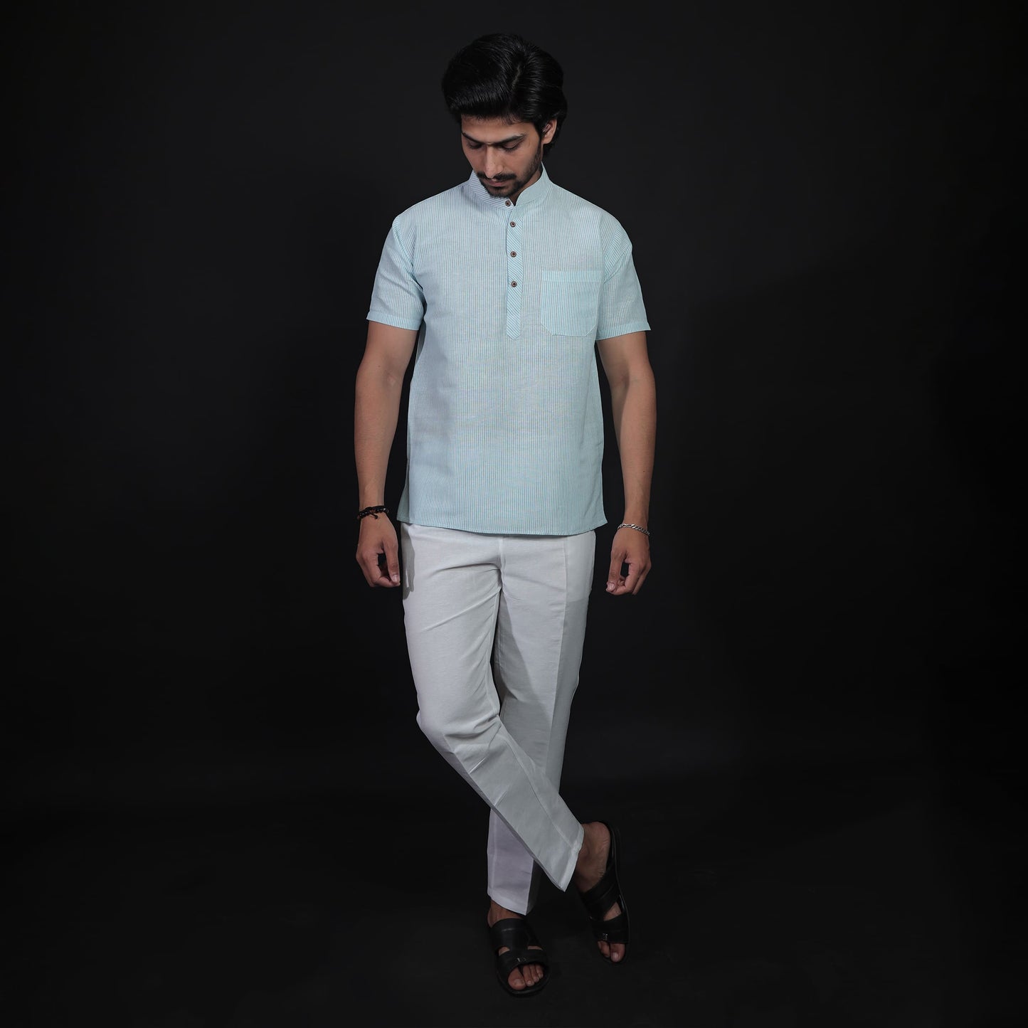 Blue Color Loomstripe Half Sleeves Kurta Pant Combo Set for Men