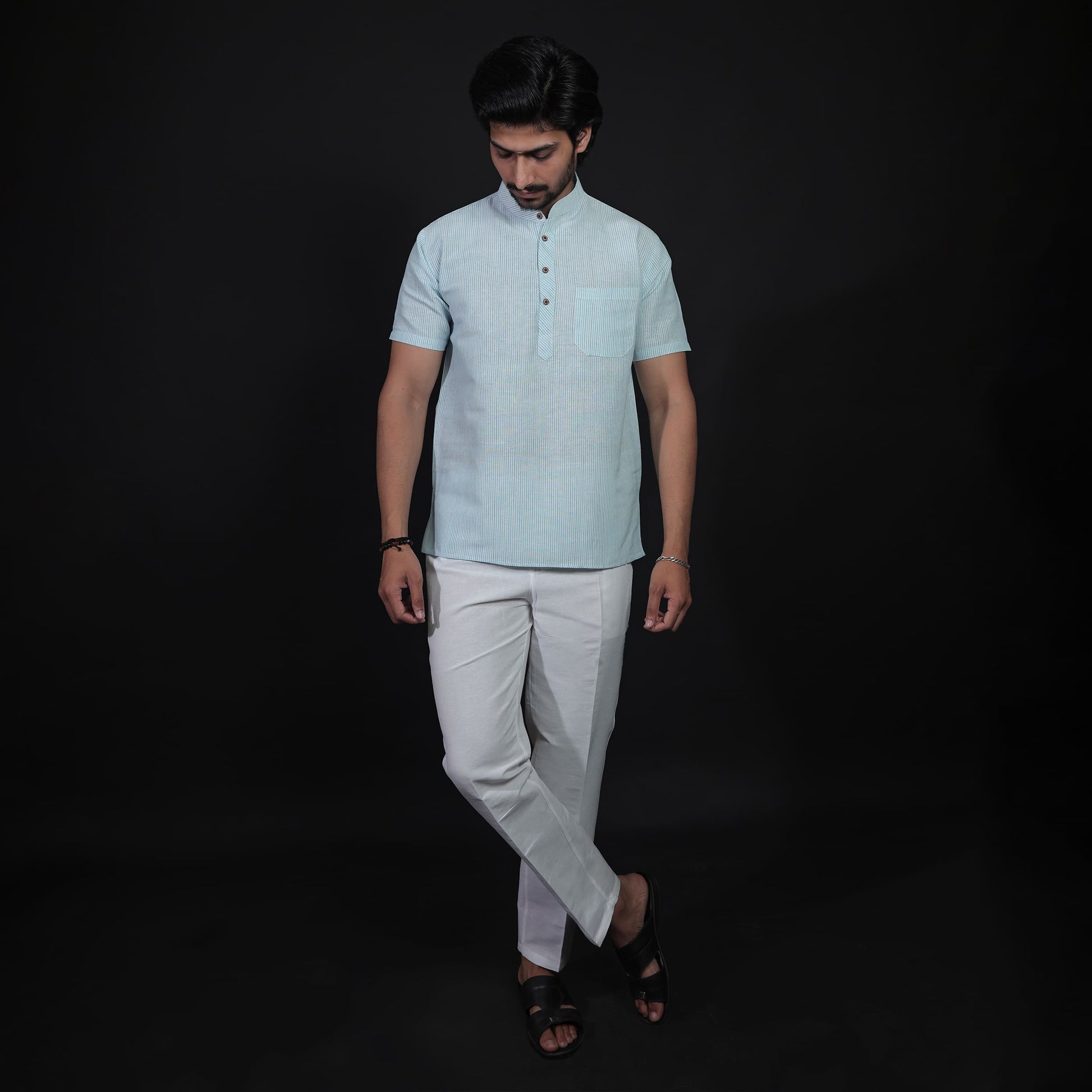 Blue Color Loomstripe Half Sleeves Kurta Pant Combo Set for Men