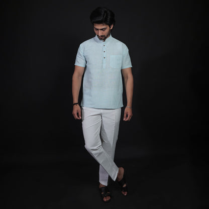 Blue Color Loomstripe Half Sleeves Kurta Pant Combo Set for Men