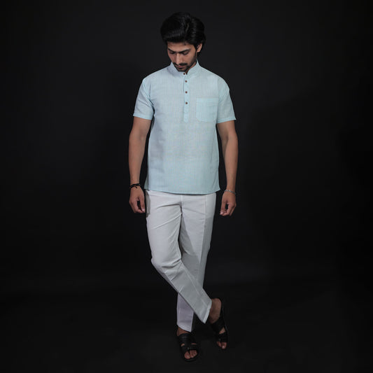 Blue Color Loomstripe Half Sleeves Kurta Pant Combo Set for Men