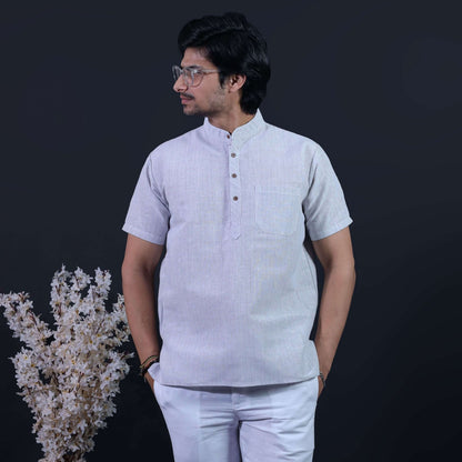 Grey Color Loomstripe Half Sleeves Khadi Cotton Kurta Front View for Men