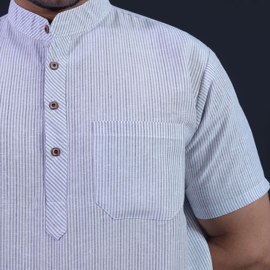 Close-Up of Grey Loomstripe Khadi Kurta Texture and Mandarin Collar