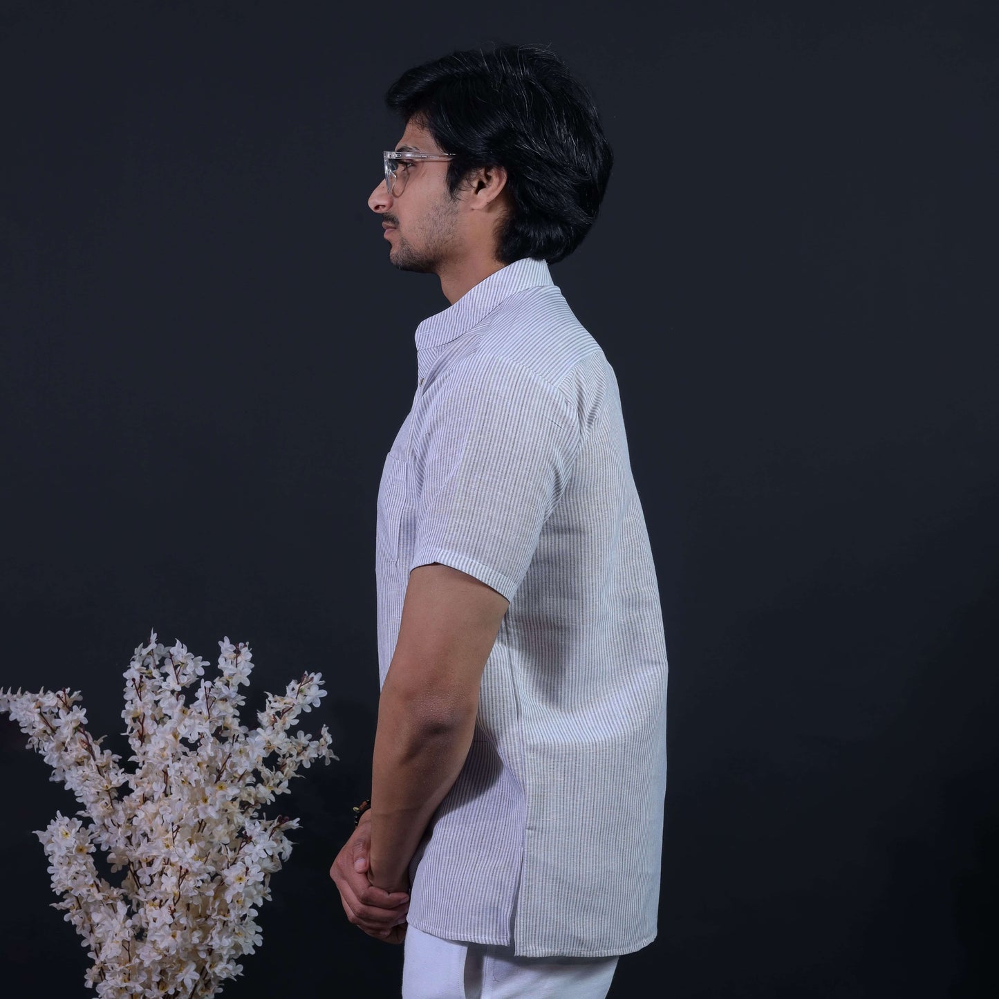 Side View of Grey Short Kurta with Half Sleeves for Men