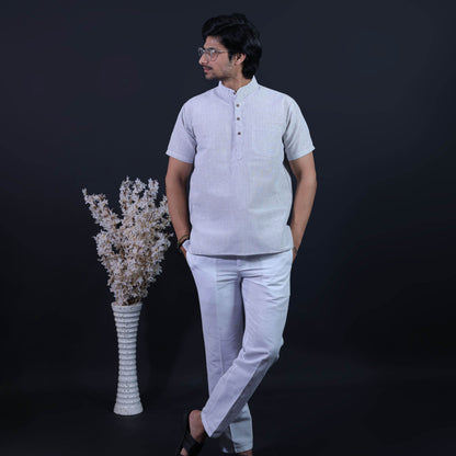 Grey Color Loomstripe Half Sleeves Kurta Pant Combo Set for Men