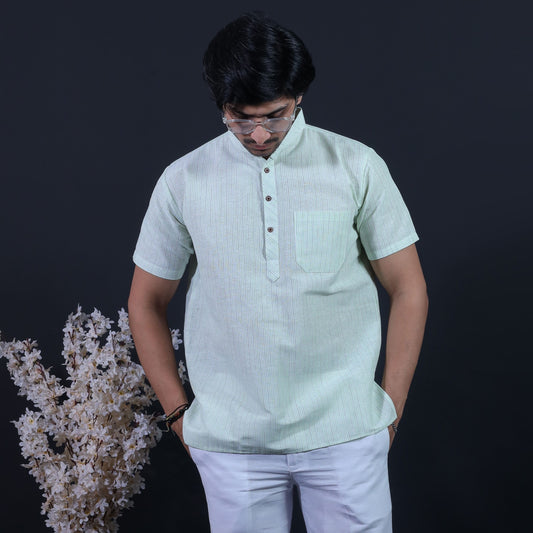 LoomStripe Half Sleeves Short Kurta-Green