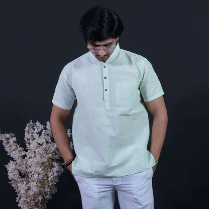 Green Color Loomstripe Half Sleeves Khadi Cotton Kurta front view for men by Kargham