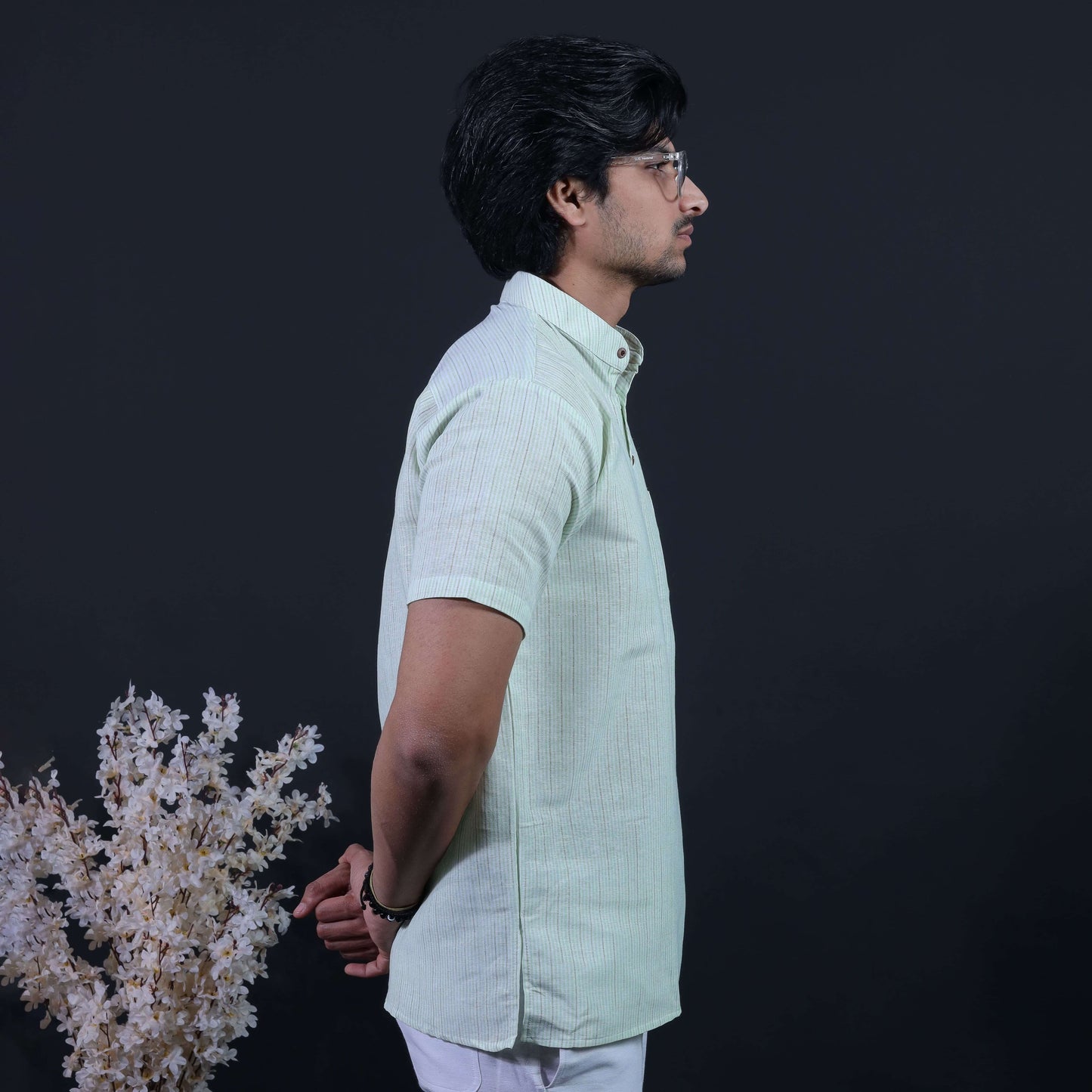 Side profile of Green Color Loomstripe Half Sleeves Kurta Pant combo set for men