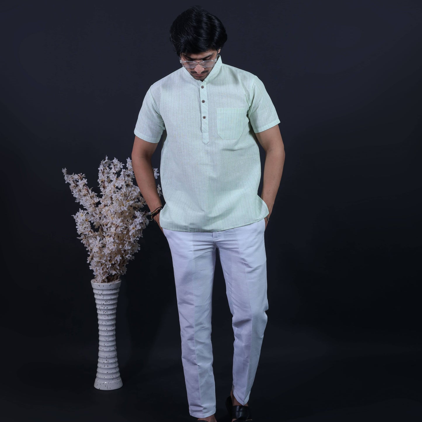 Green Color Loomstripe Half Sleeves Kurta Pant Combo Set for Men