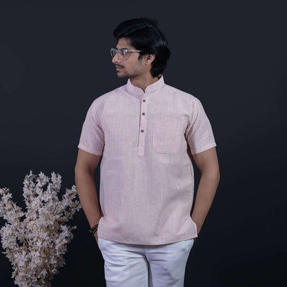 Orange Color Loomstripe Half Sleeves Kurta front view for men