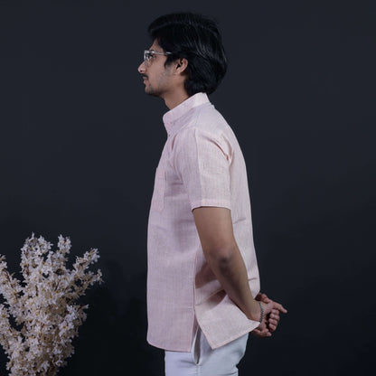 Side profile of orange loomstripe half sleeves kurta for men