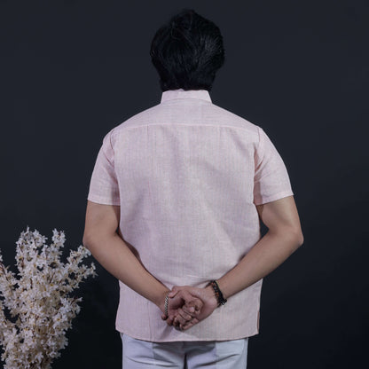 Back side view of orange loomstripe kurta pant combo set