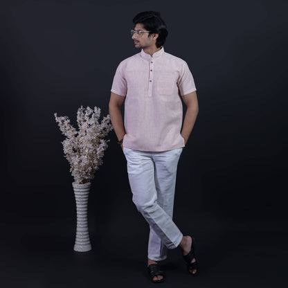 Men's Orange Color Loomstripe Half Sleeves Kurta Pant Combo Set