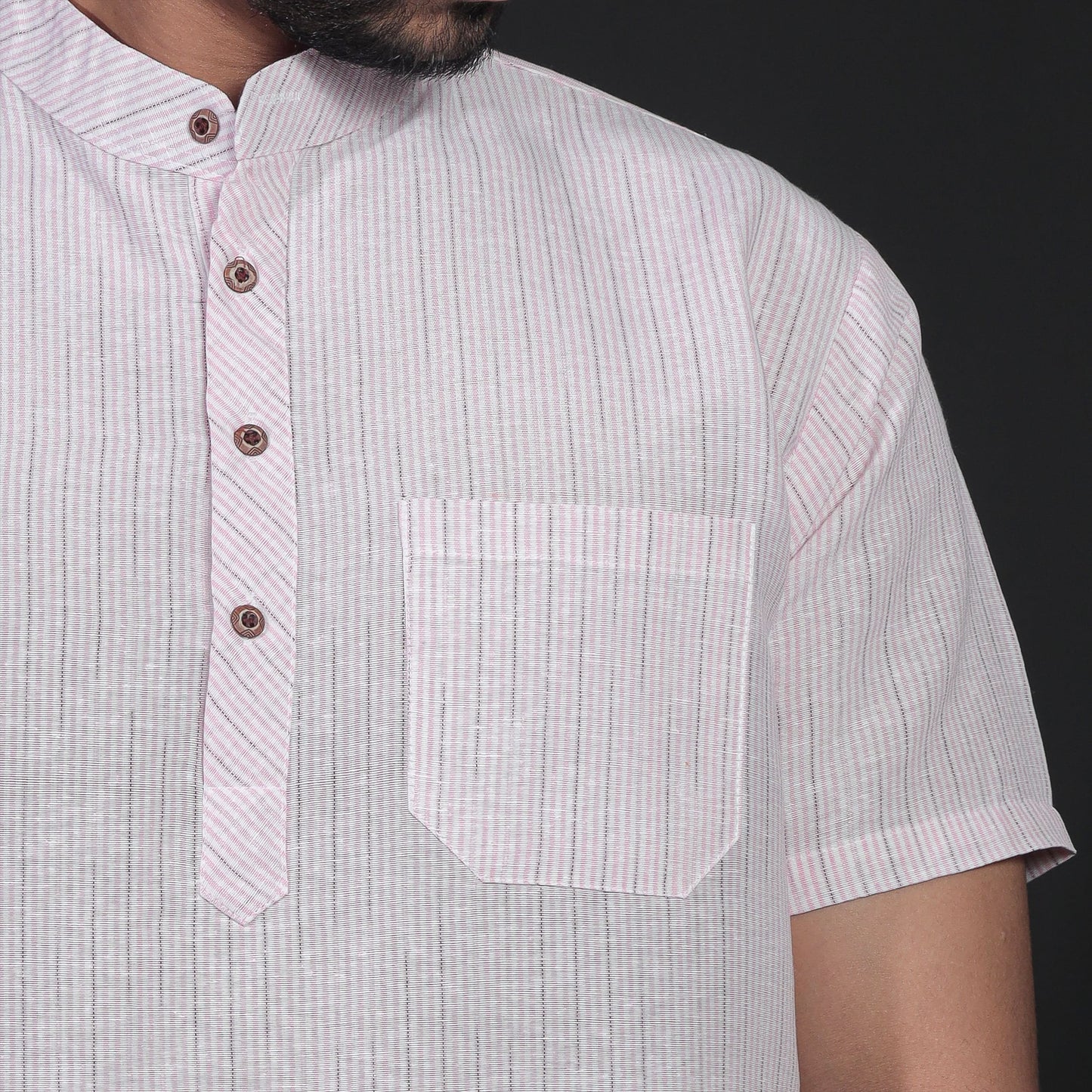 Close-Up of Pink Loomstripe Khadi Cotton Short Kurta with Pocket Detail