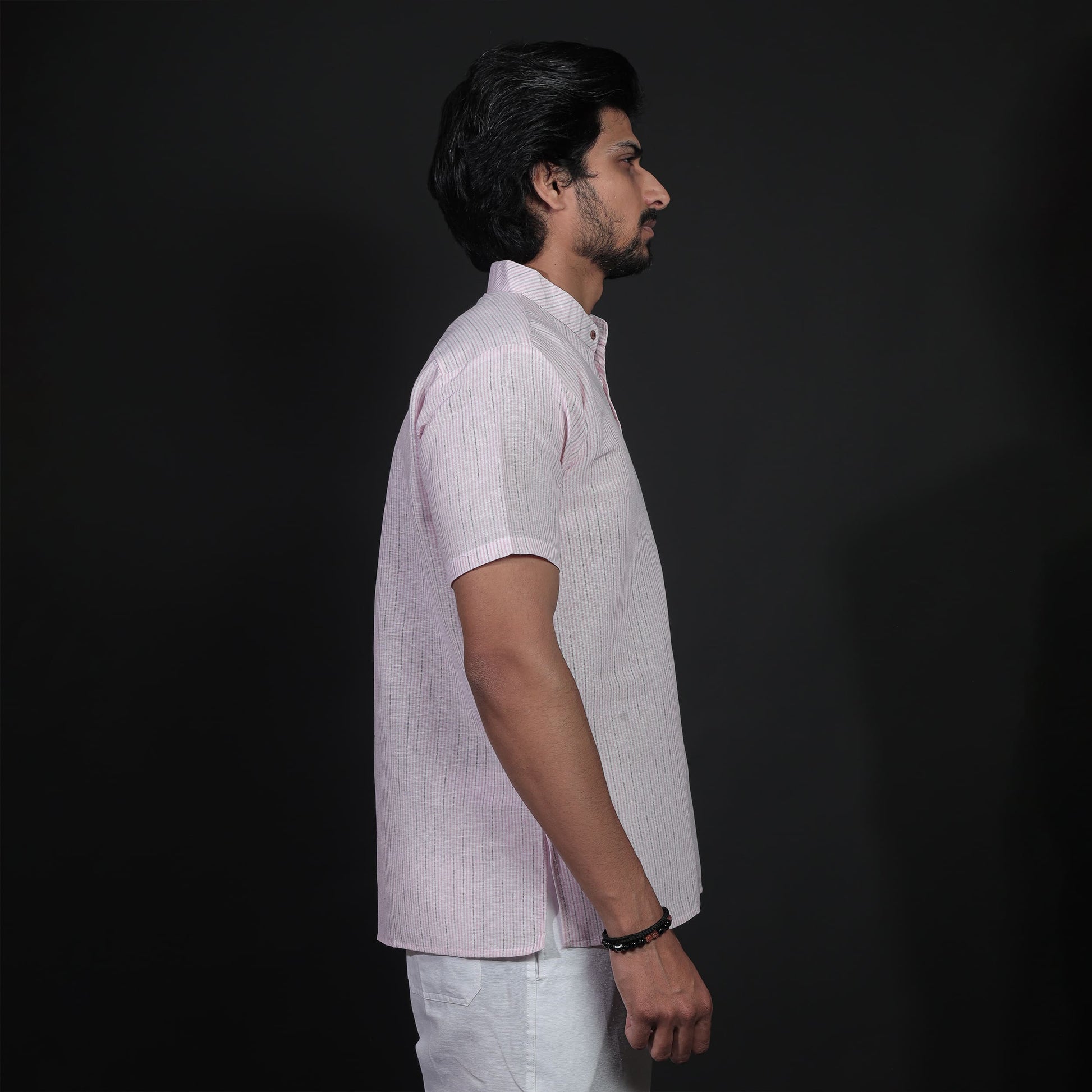 Side Profile of Pink Loomstripe Kurta Pant Combo Set