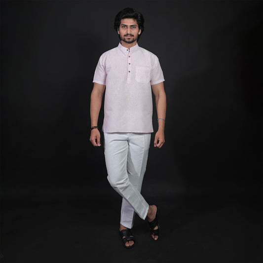 Pink Color Loomstripe Half Sleeves Kurta Pant Combo Set for Men