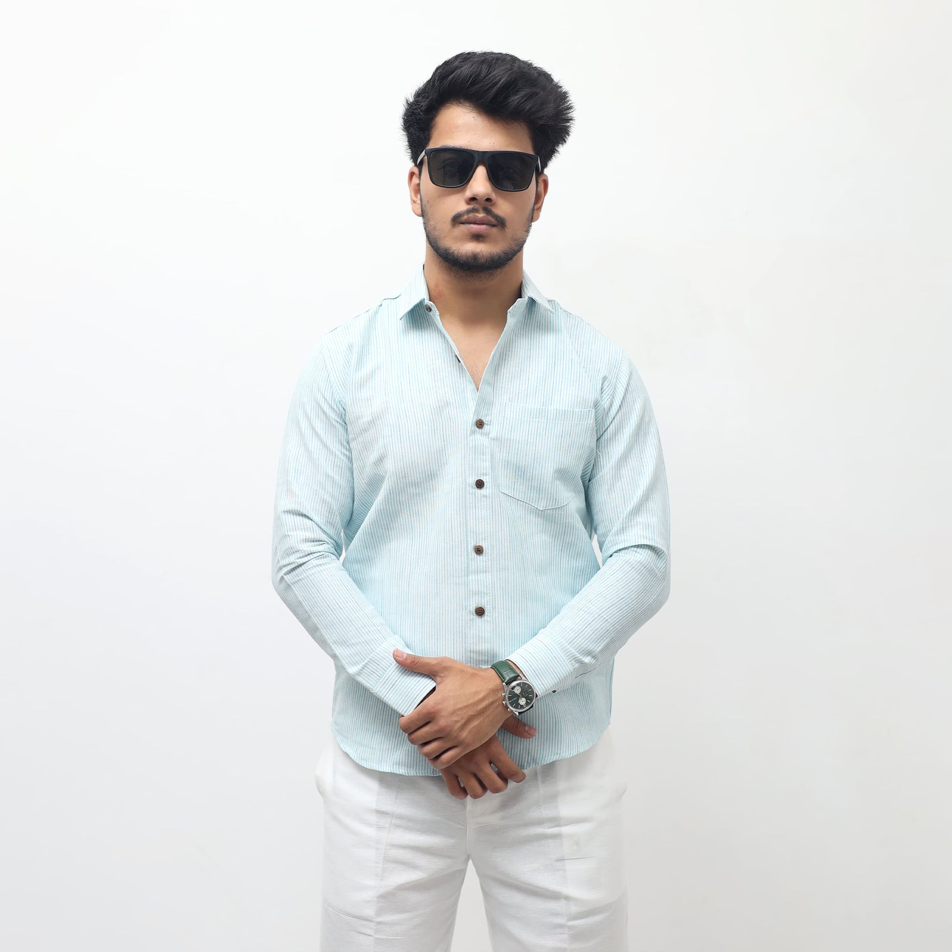 light blue loom stripe khadi cotton shirt men full sleeves front view