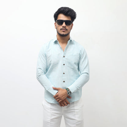 light blue loom stripe khadi cotton shirt men full sleeves front view