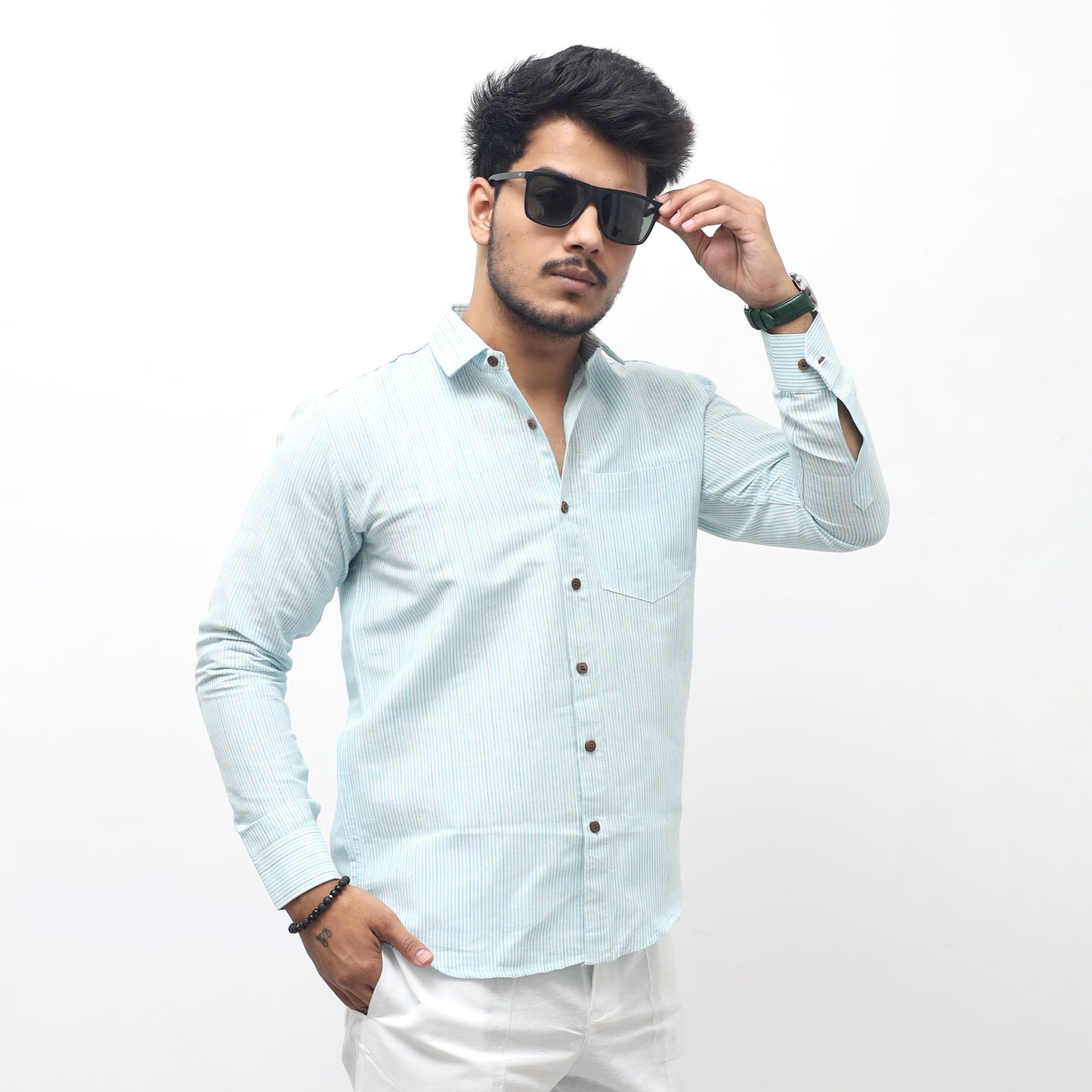 loom striped cotton shirt men casual styling sunglasses look