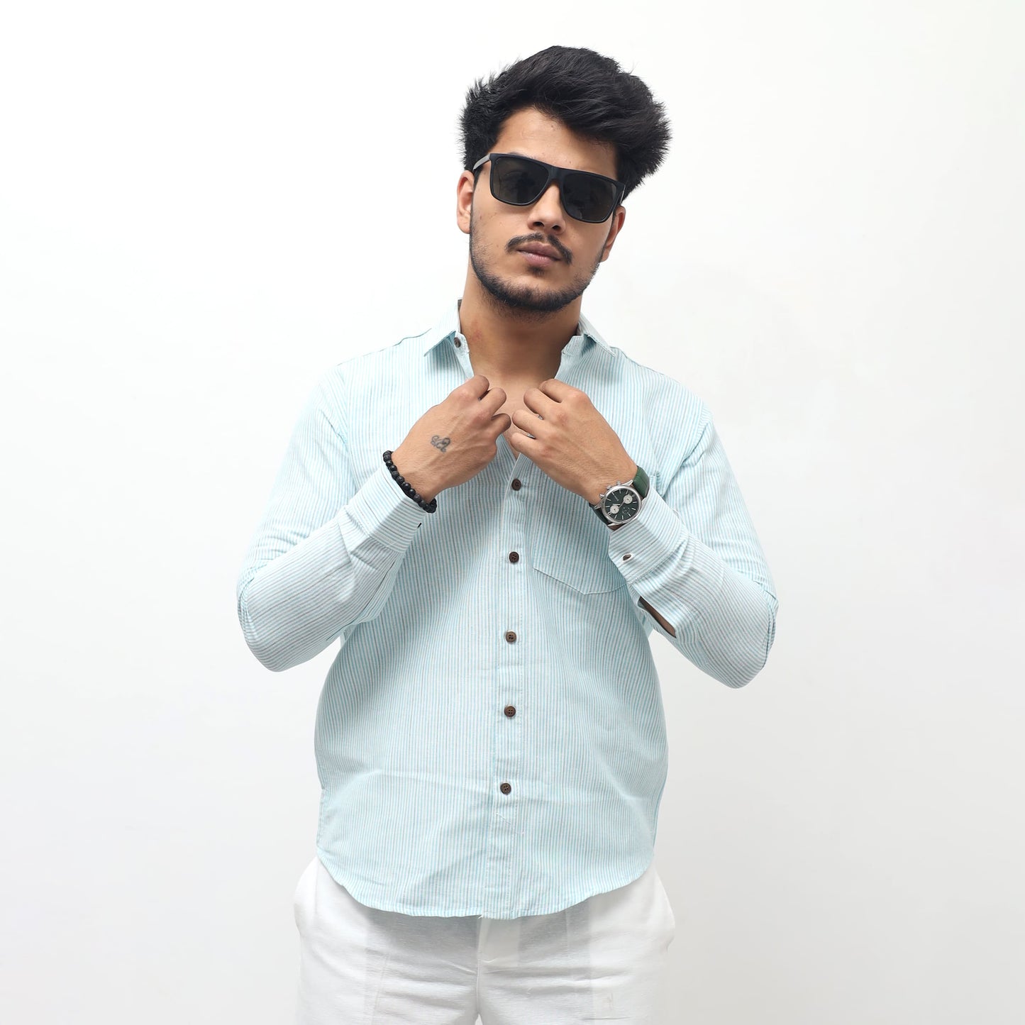 light blue khadi cotton shirt for men full sleeves adjusting collar loom stripe texture