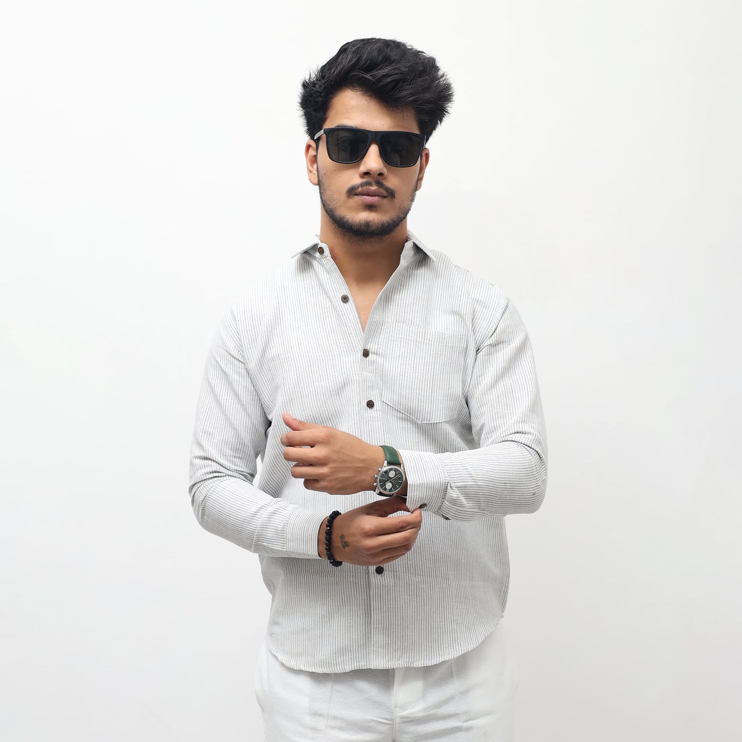 grey khadi cotton full sleeves shirt for men front view loom stripe Khargam