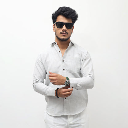 grey khadi cotton full sleeves shirt for men front view loom stripe Khargam