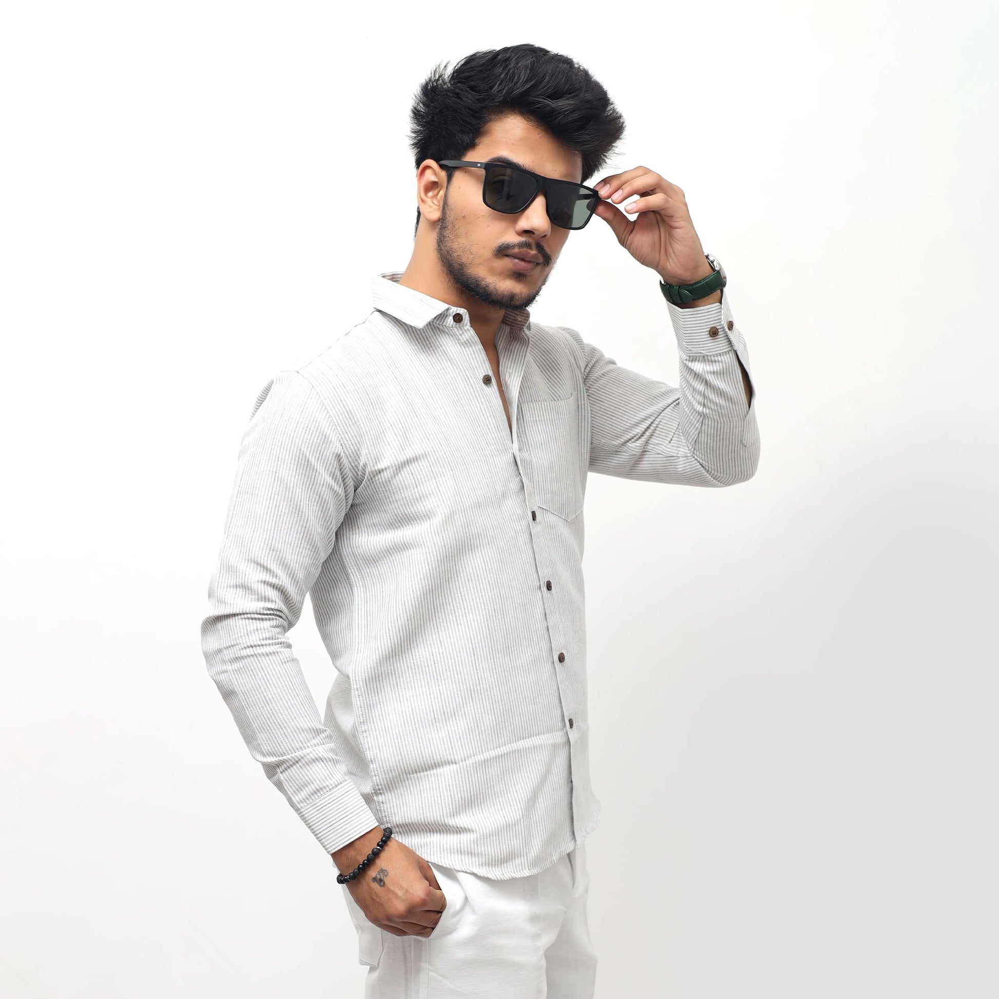 men wearing grey khadi cotton shirt loom stripe full sleeves side angle Khargam