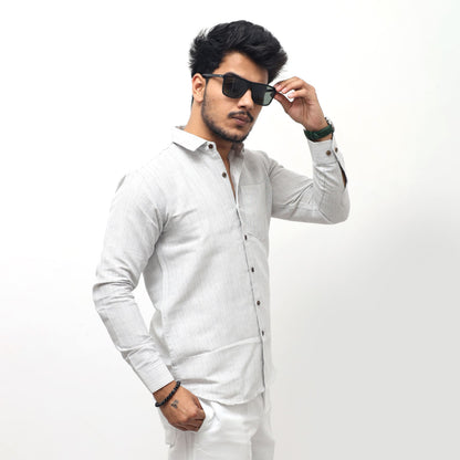 men wearing grey khadi cotton shirt loom stripe full sleeves side angle Khargam