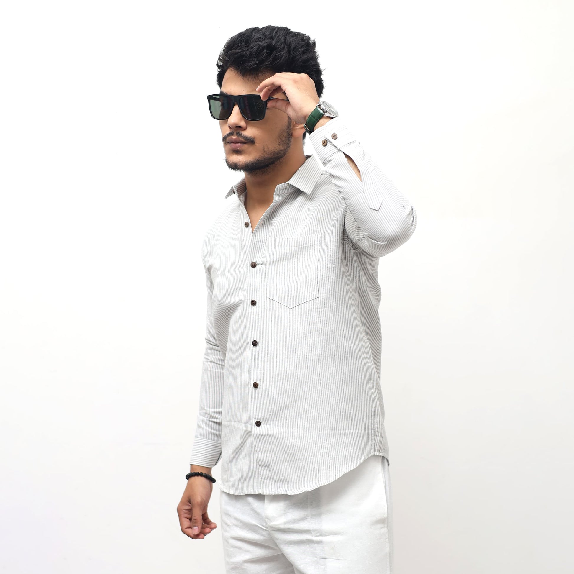 grey loom stripe khadi cotton shirt for men full sleeves side profile look