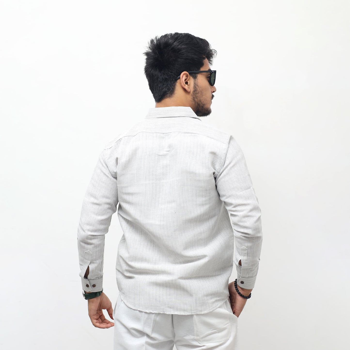 back view grey khadi cotton shirt for men full sleeves loom stripe texture