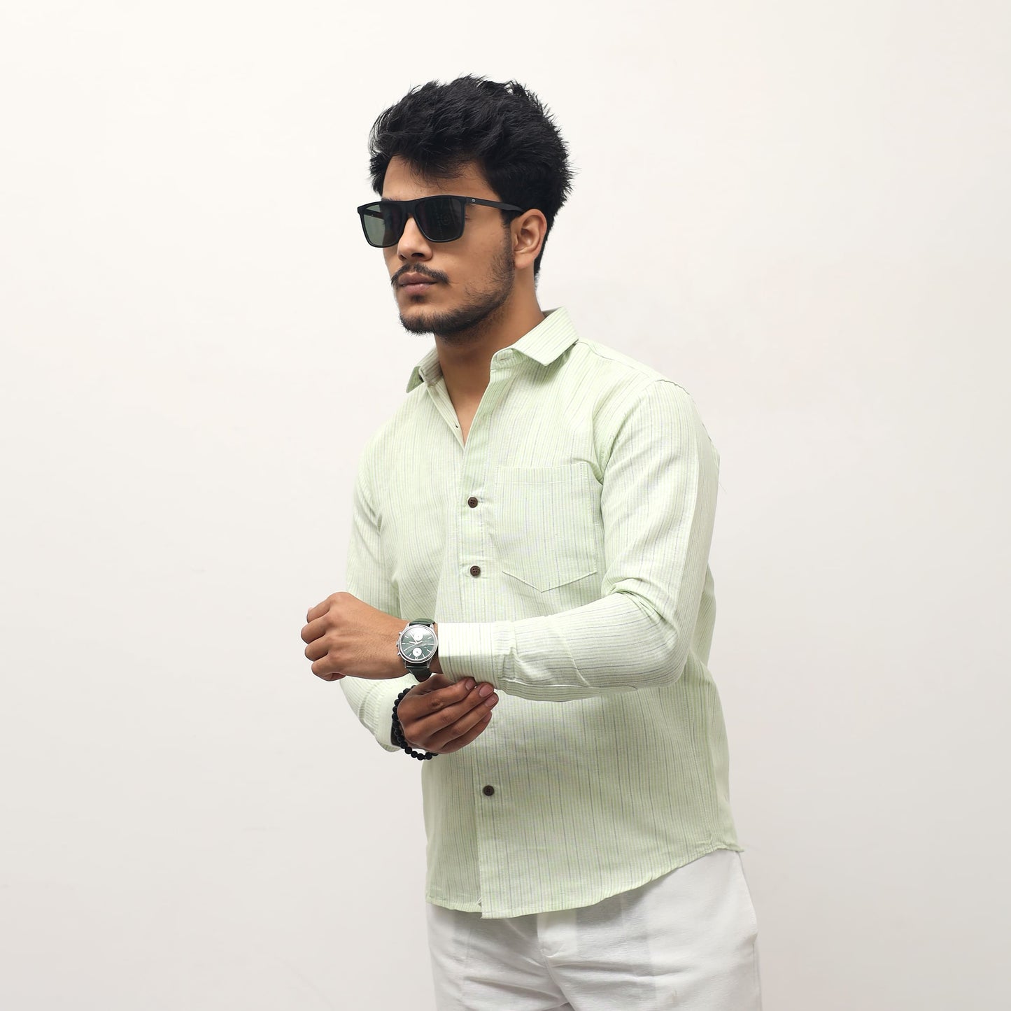 green loom stripe khadi cotton shirt for men adjusting sleeve full sleeves