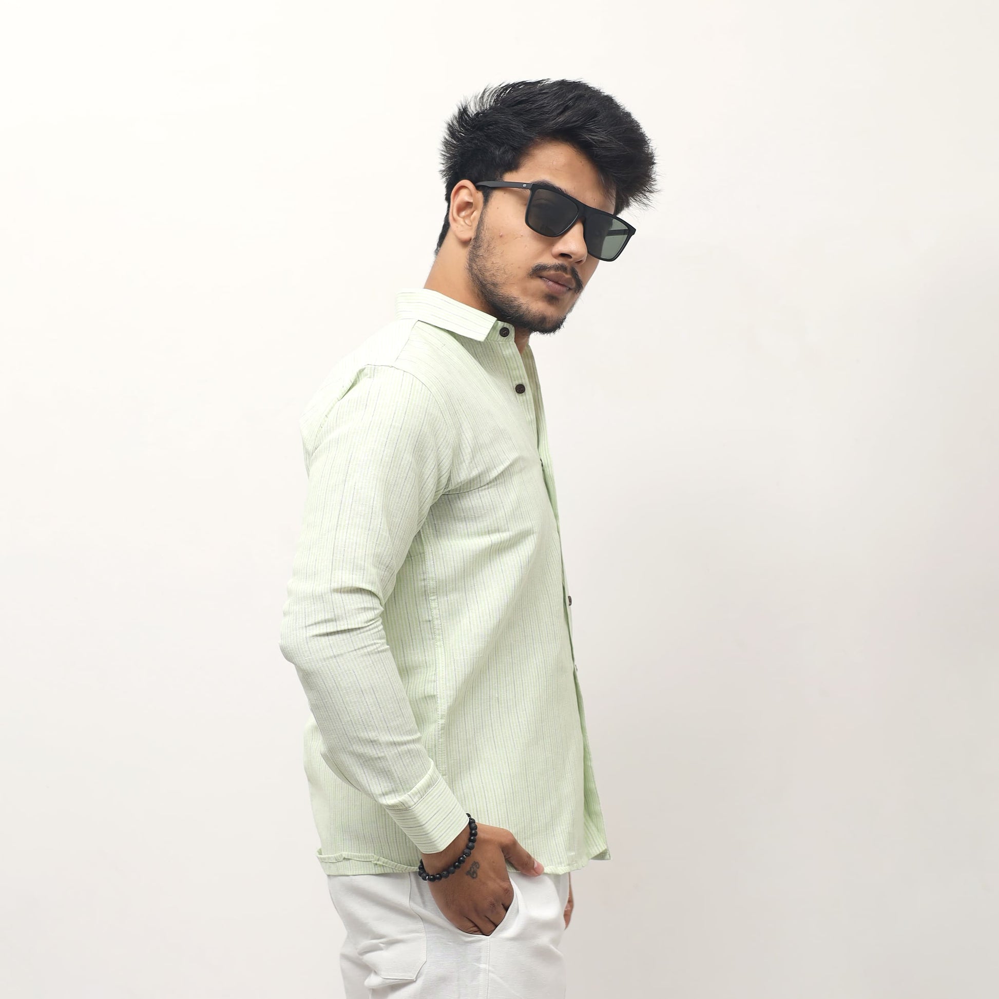 green khadi cotton full sleeves shirt for men side view loom stripe Khargam