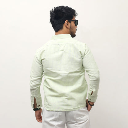 back view green khadi cotton shirt for men full sleeves loom stripe texture