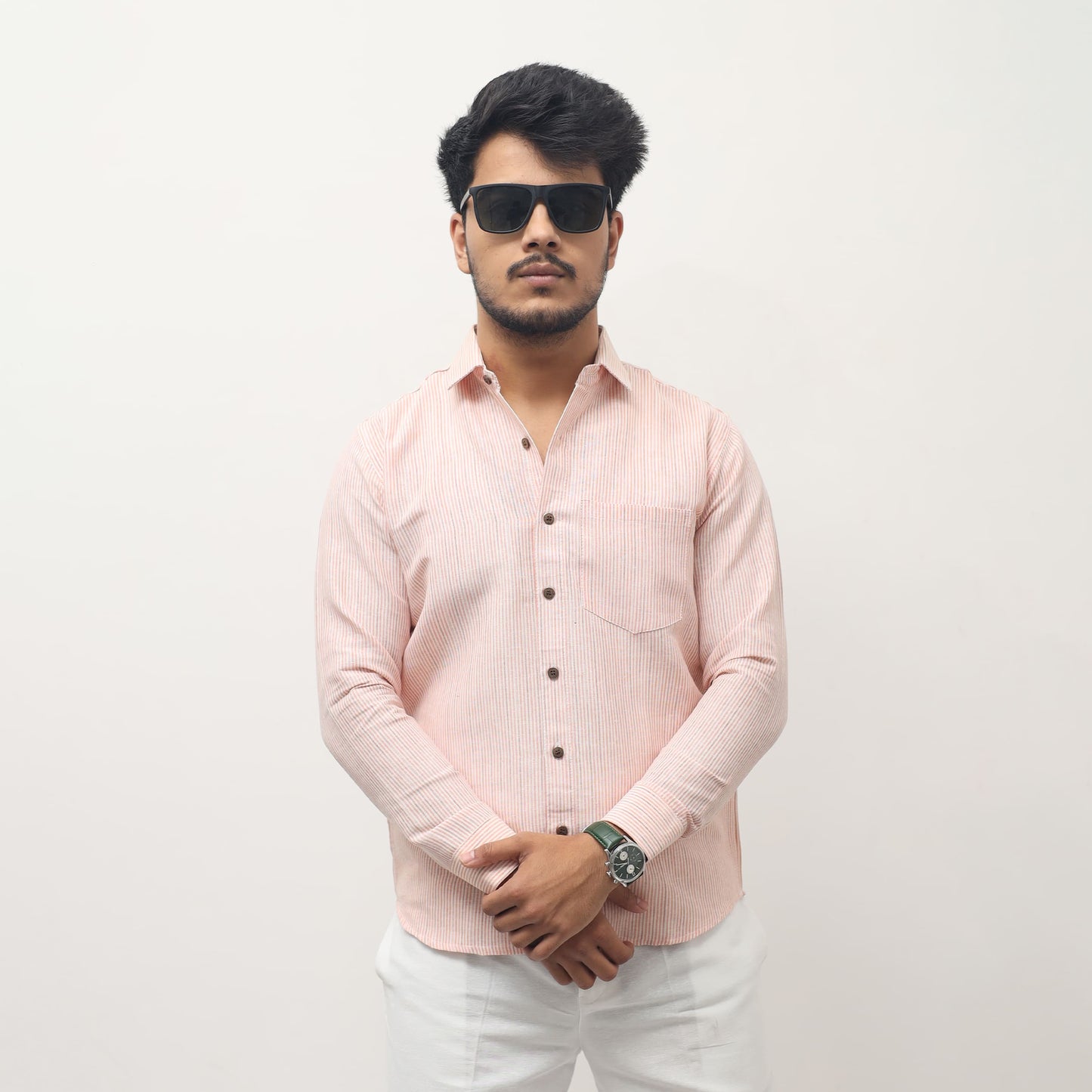 men wearing light orange khadi cotton shirt loom stripe full sleeves front pose