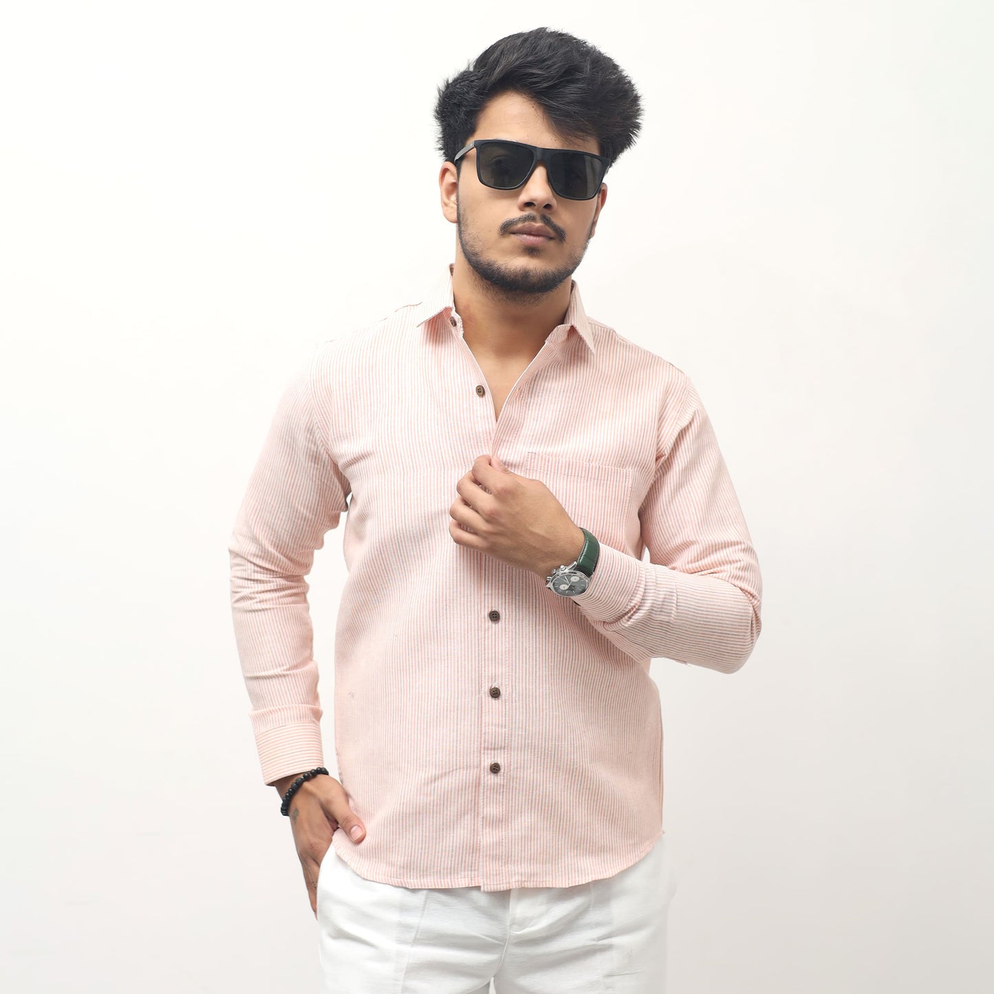 light orange khadi cotton full sleeves shirt for men front view loom stripe Khargam