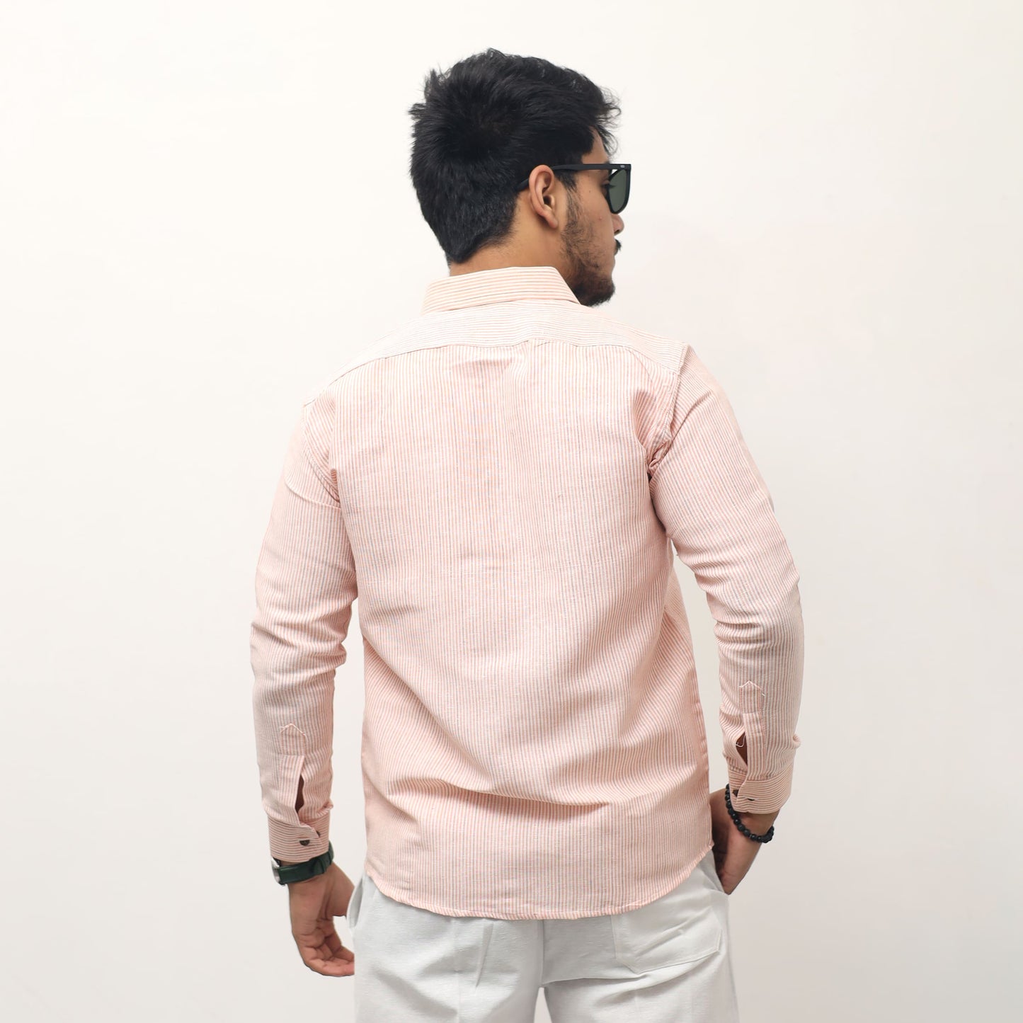 back view light orange khadi cotton shirt for men full sleeves loom stripe