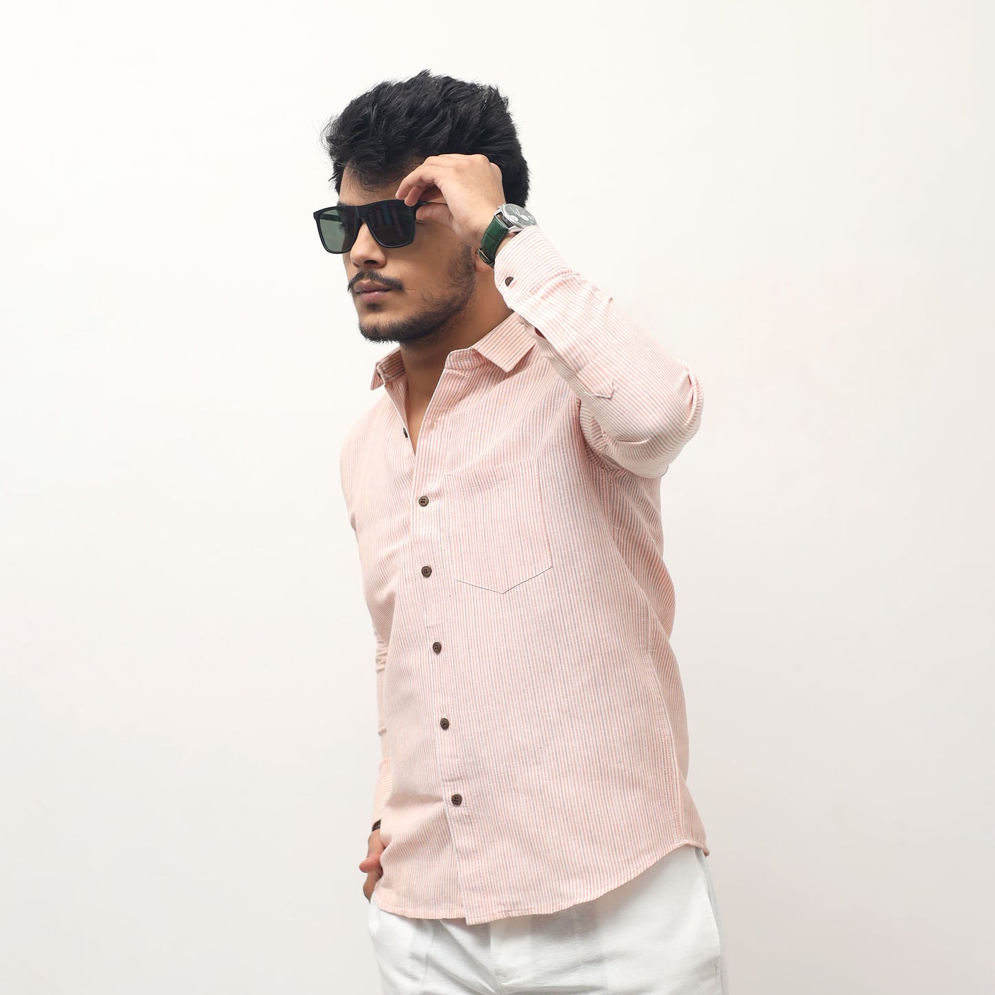 light orange loom stripe khadi cotton shirt for men side angle full sleeves