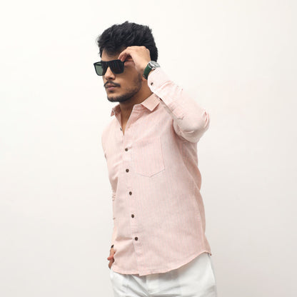 light orange loom stripe khadi cotton shirt for men side angle full sleeves
