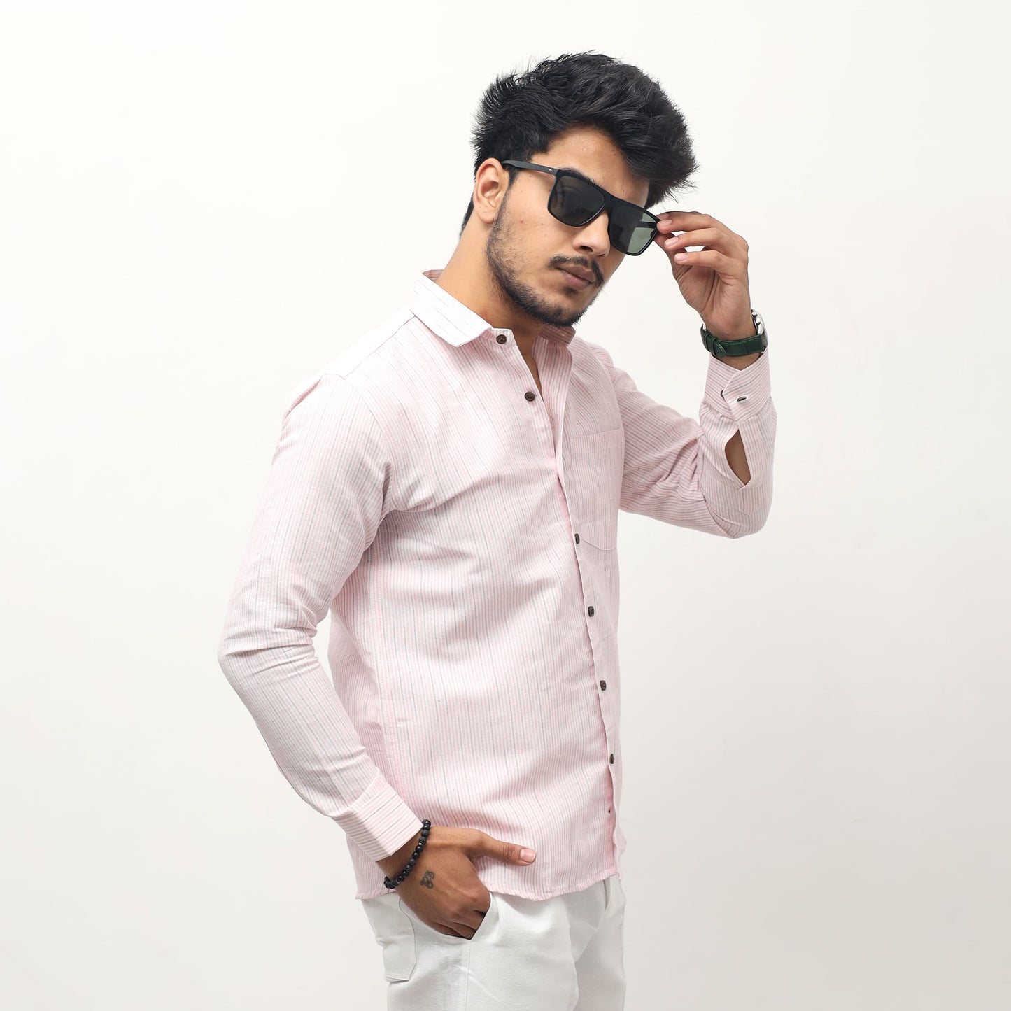 pink khadi cotton full sleeves shirt for men side pose loom stripe Khargam