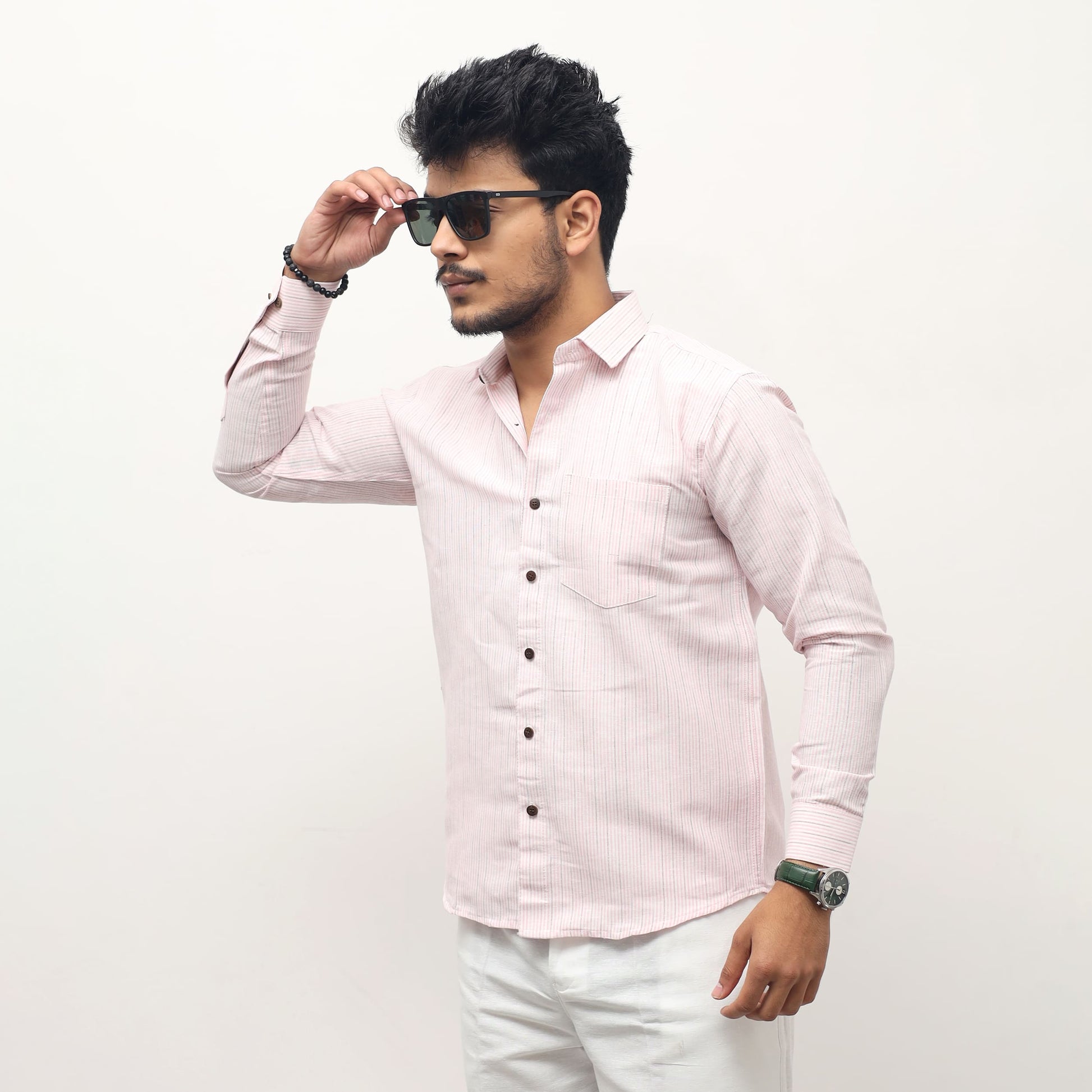 men wearing pink khadi cotton shirt loom stripe full sleeves front angle
