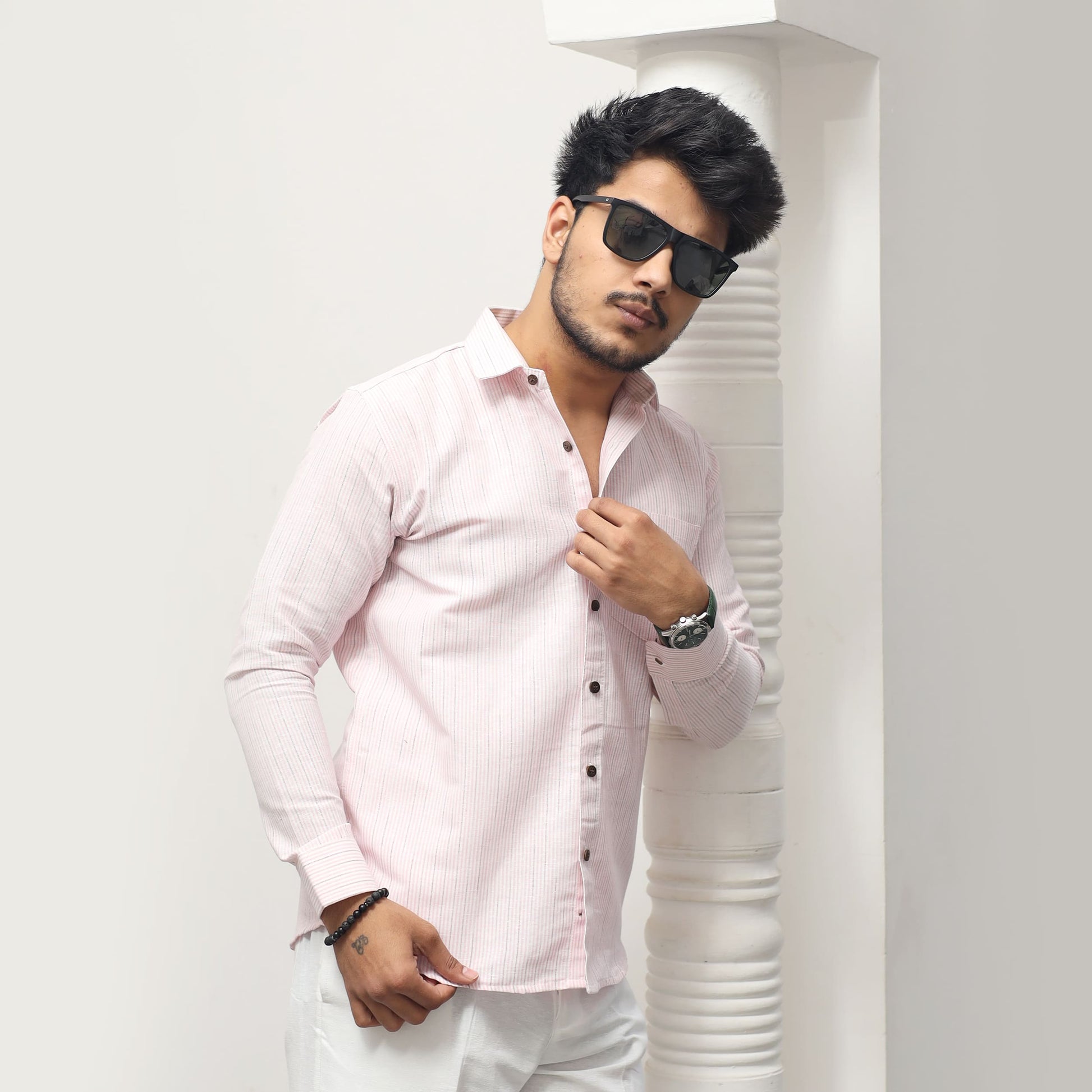 pink loom stripe khadi cotton shirt for men full sleeves adjusting collar